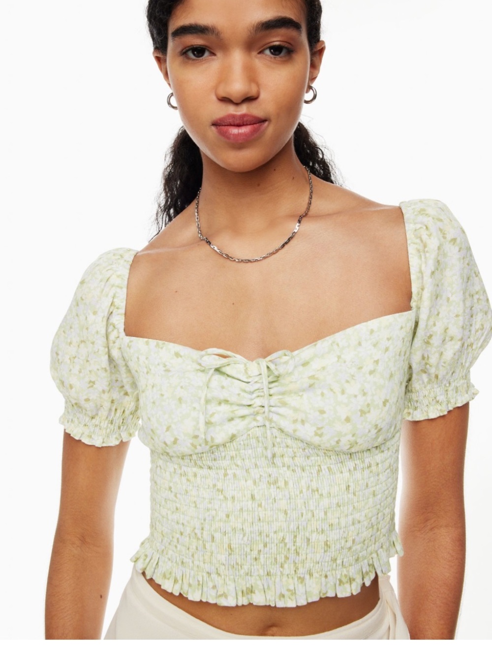 ARITZIA Smocked Puff-Sleeve Crop Top - Light Green Floral